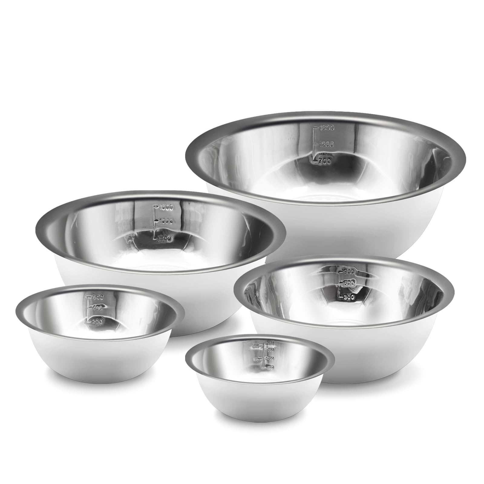 LYFJXX 5 Pcs Mixing Bowls with Scale, Stainless Steel Mixing Bowls Set, Nesting Whisking Bowl Set for Cooking, Baking, Serving, Food/Salad Prep
