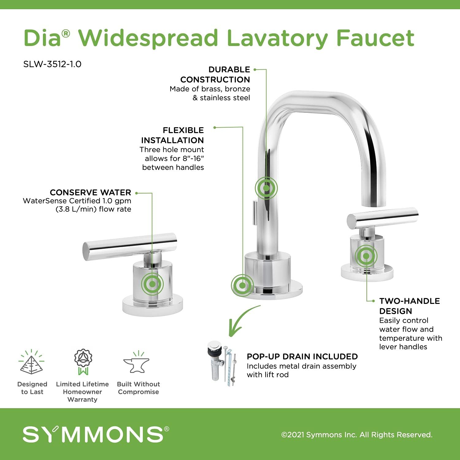 🔥 Symmons SLW-3512-1.0 Dia Widespread 2-Handle Bathroom Faucet with Drain Assembly in Polished Chrome (1.0 GPM)