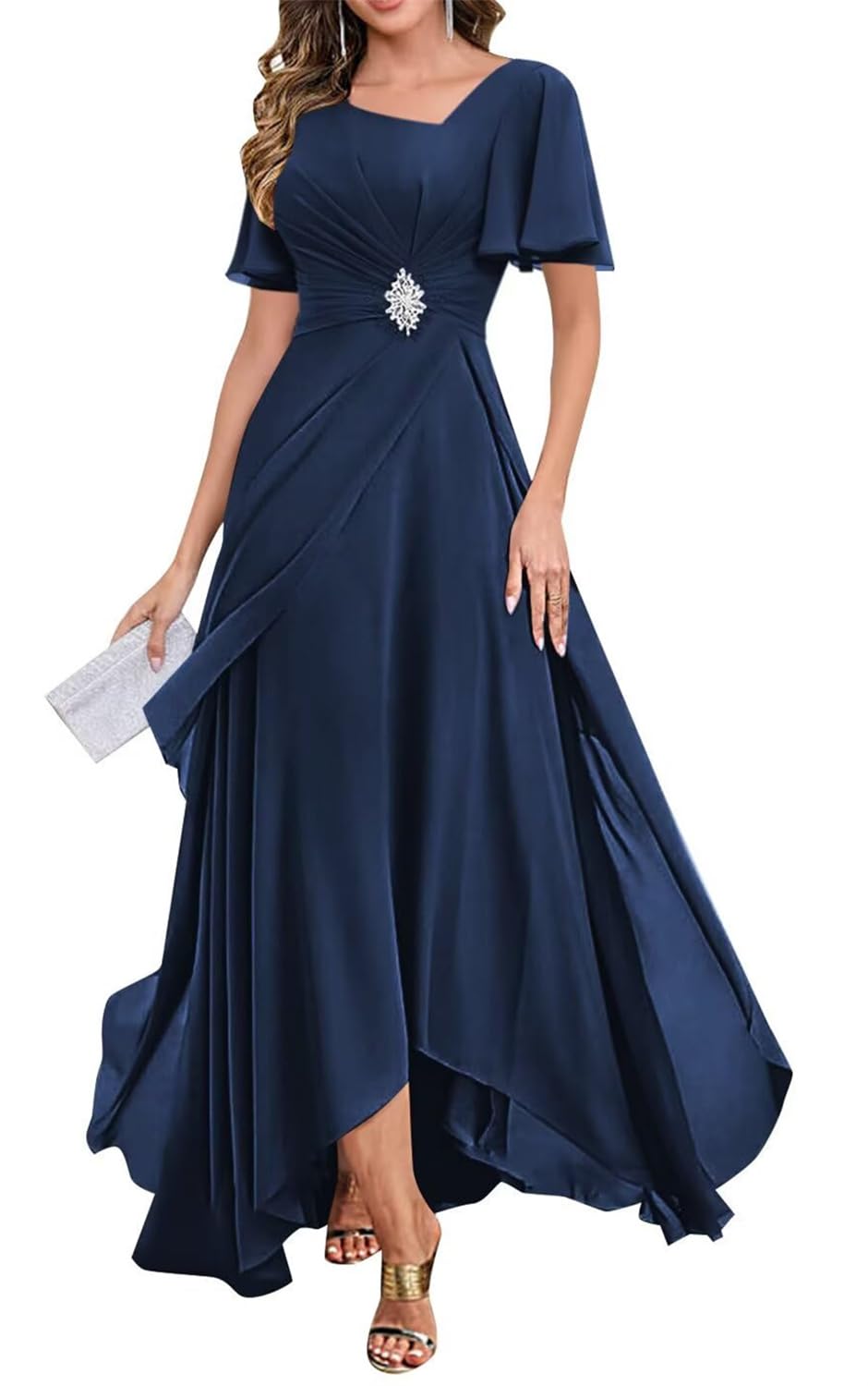 Yiann Women's Navy Blue Mother Of The Bride Dresses With Sleeves Ruched Pleated Chiffon Long Mother Of Groom Dress Uk14
