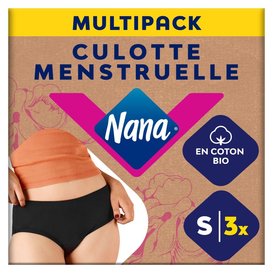 Nana Culotte Menstruelle Lavable Coton Bio - Flux Abondant - Noir - Coupe Hipster - S x3
