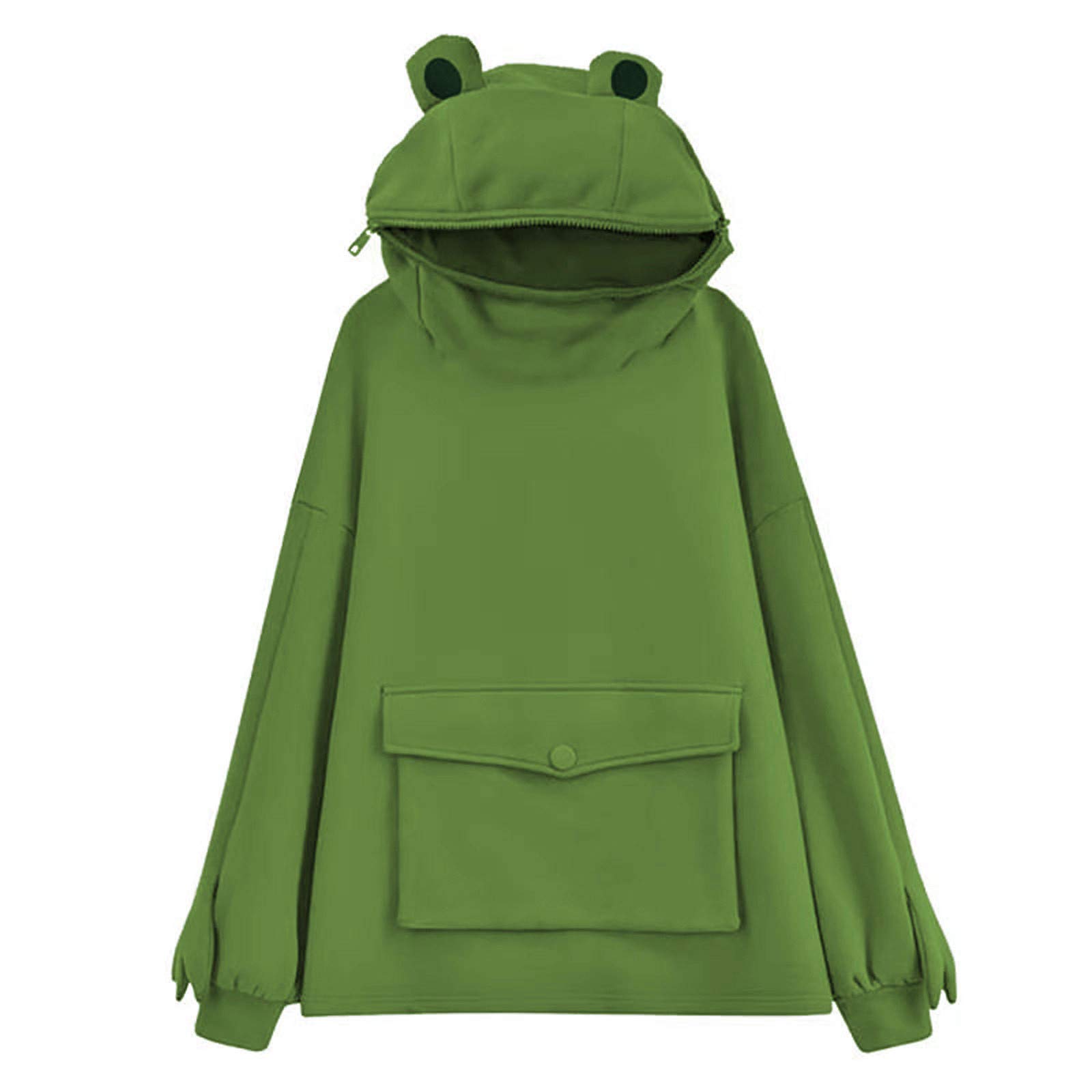 QI_LIANG Frog Hoodie Women's Stitching Three-Dimensional Pocket Cute Tops Pullover Sweatershirt