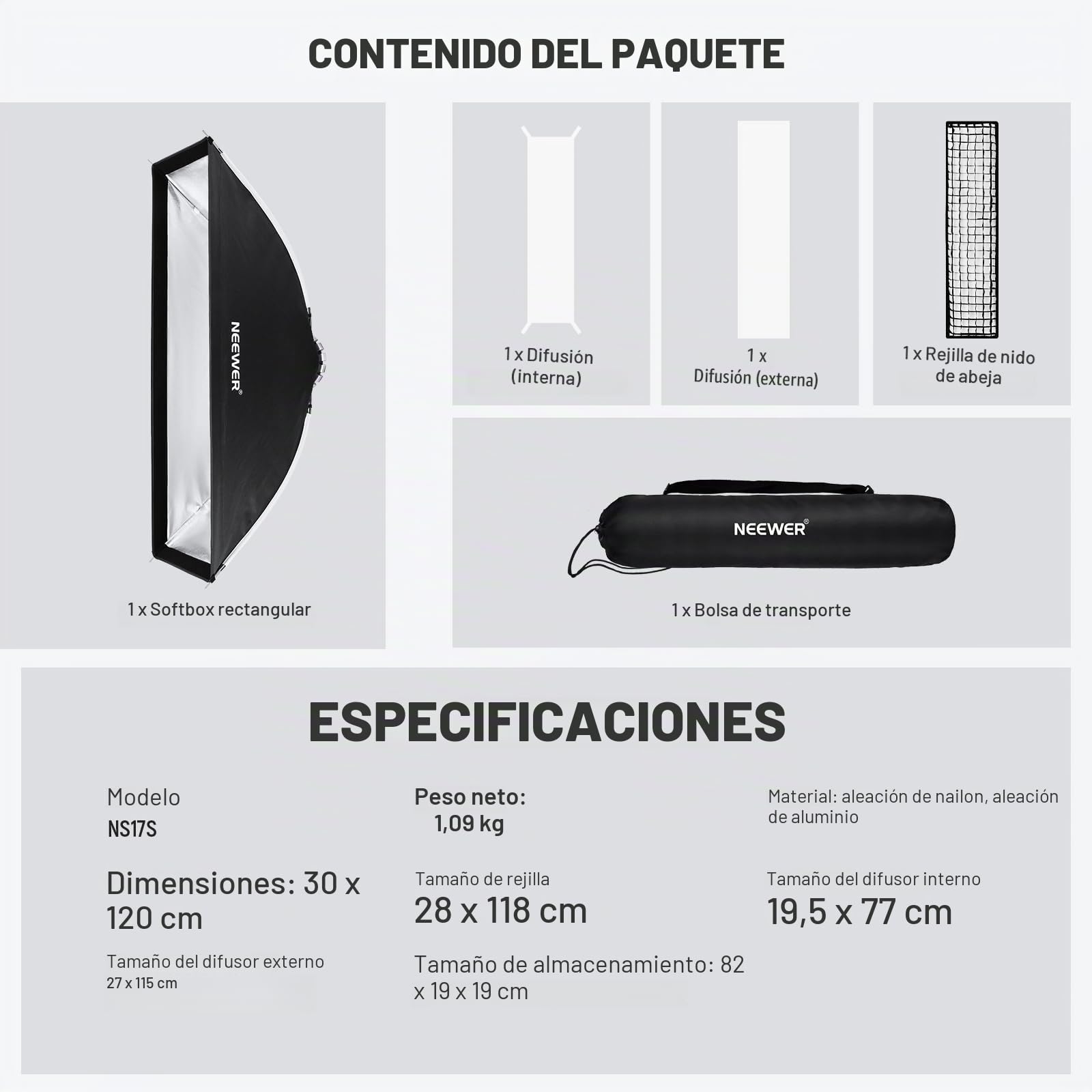 NEEWER 12"x47" Caja de luz Plegable rápida con Rayas rectangulares y Soporte Bowens con difusores/Rejilla de Panal/Funda Compatible con Godox Aputure 120d Luces de vídeo Q4 Flash de Estudio NS17S