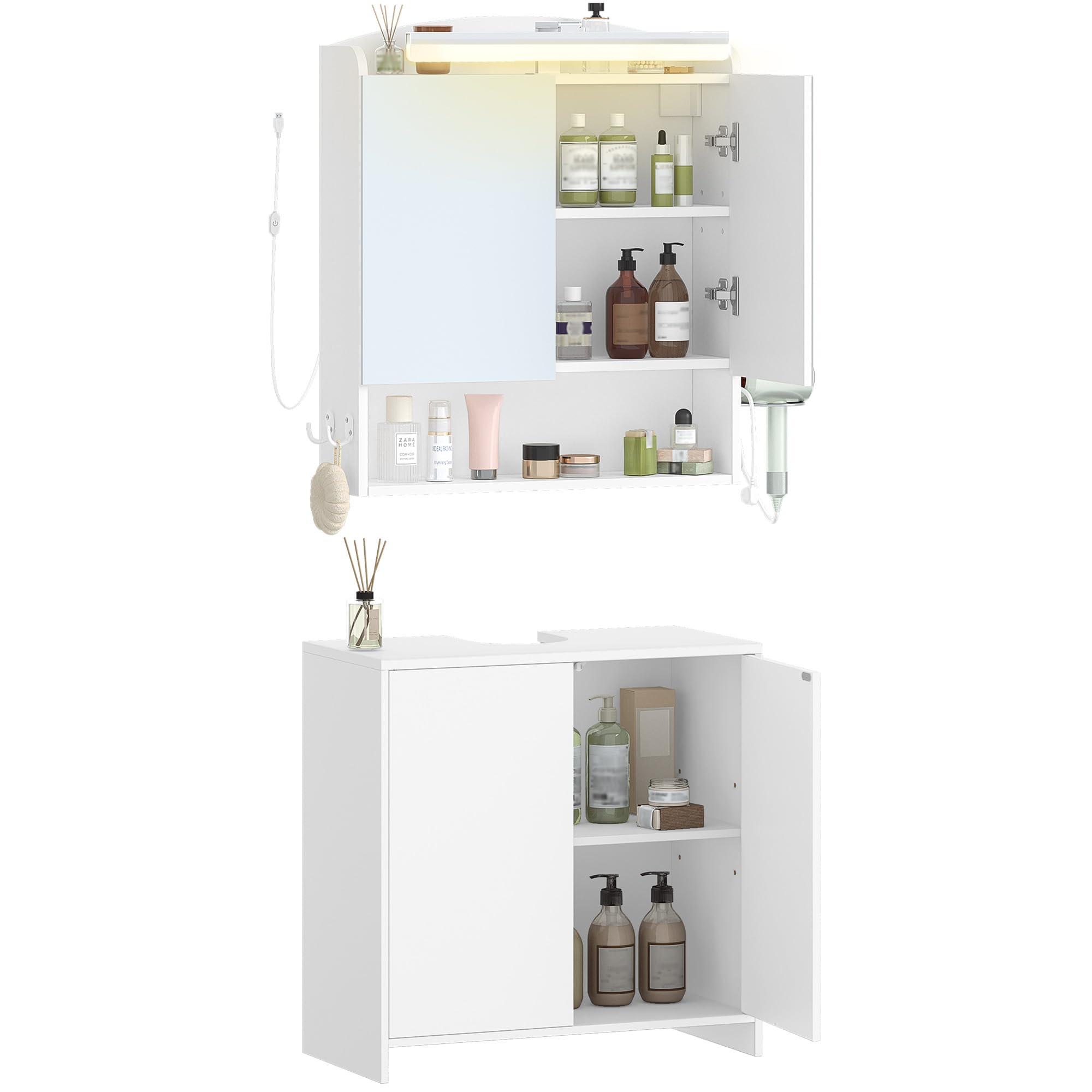 Hzuaneri Set di Mobili da Bagno, Mobiletto da Bagno, Mobile a Specchio da 60 cm con Lavandino, lluminazione a LED, per Bagno, Servizi Igienici, Lavanderia, Bianco BC10003XEU