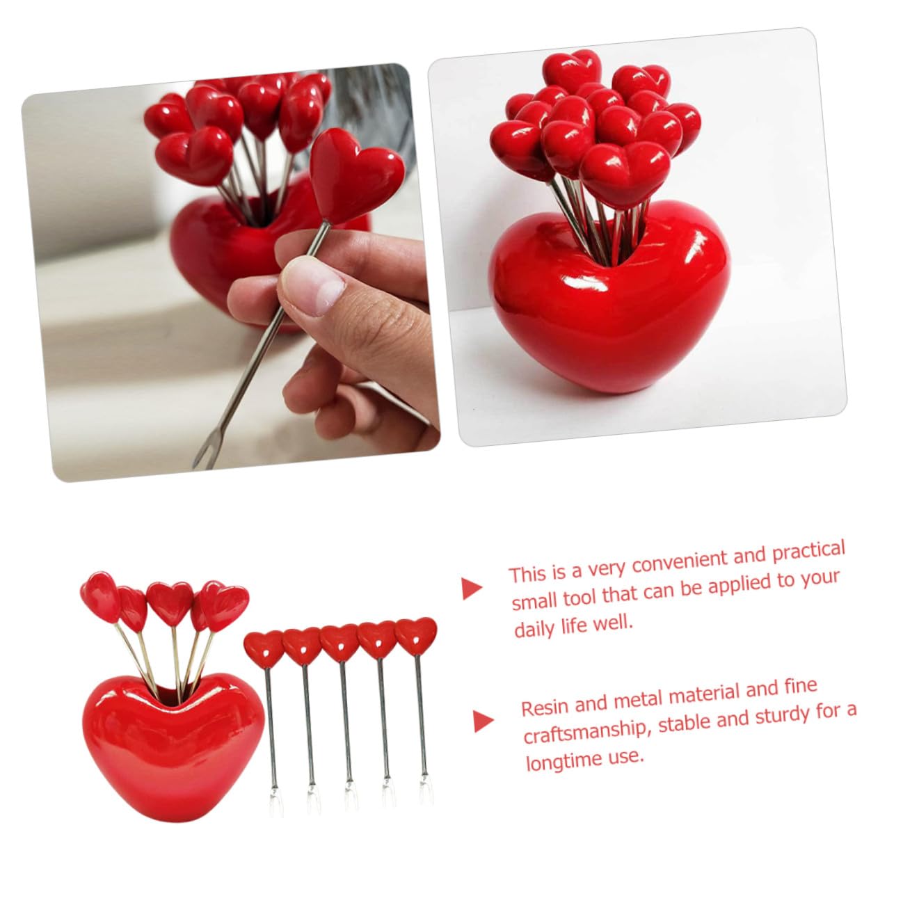 SOLUSTRE 1set Mini Forchette da Frutta e Dessert con Supporto Cuore Forchettine in Resina e Metallo per Antipasti Torte e Cocktail Adatte per Casa Ristorante e Feste