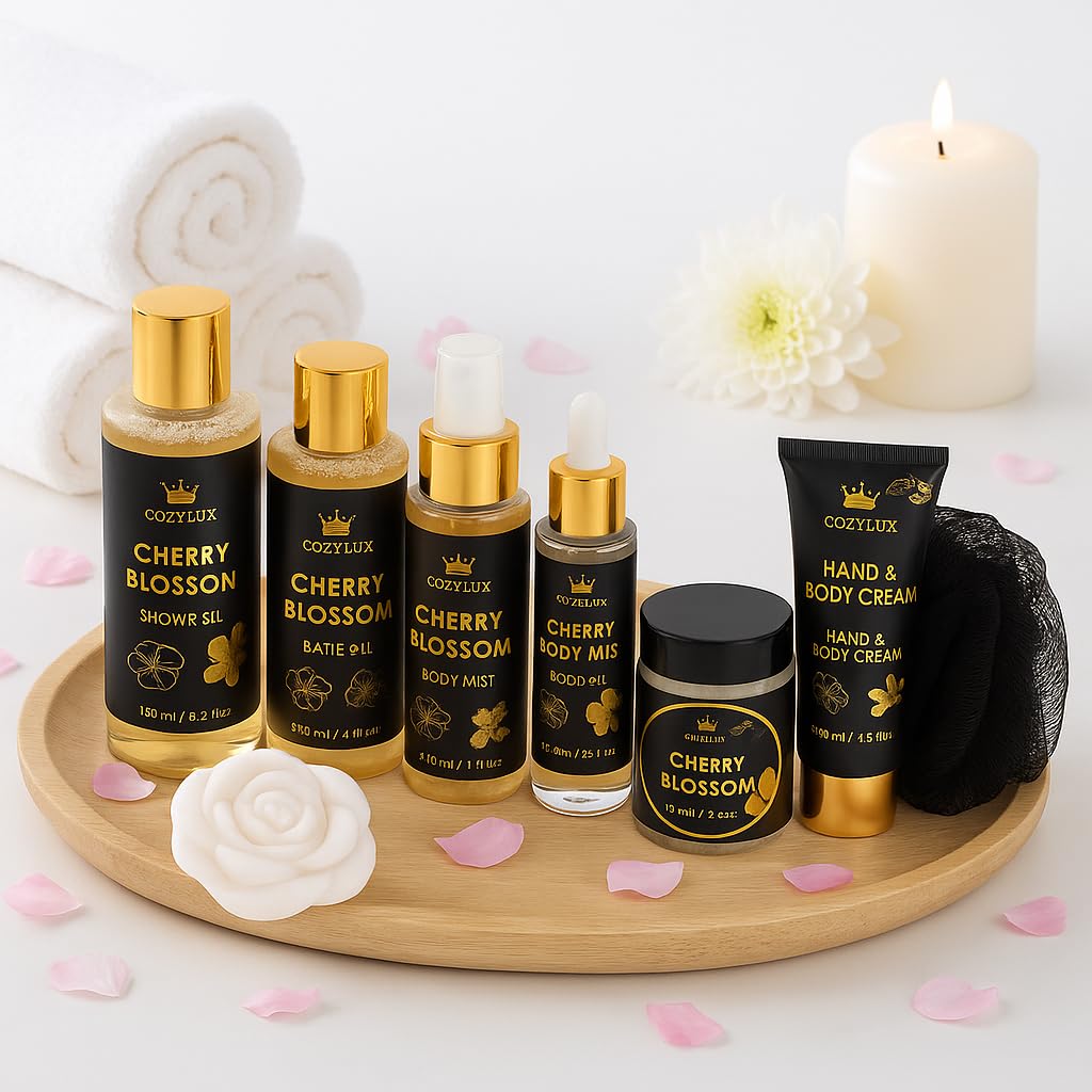 Cozylux Cherry Bossom Spa Gift, Gift Set for Women 8 Piece Shower Gift, Bubble Bath ,Shower Gel, Soap, Hand&Body Cream & Mist - Image 4