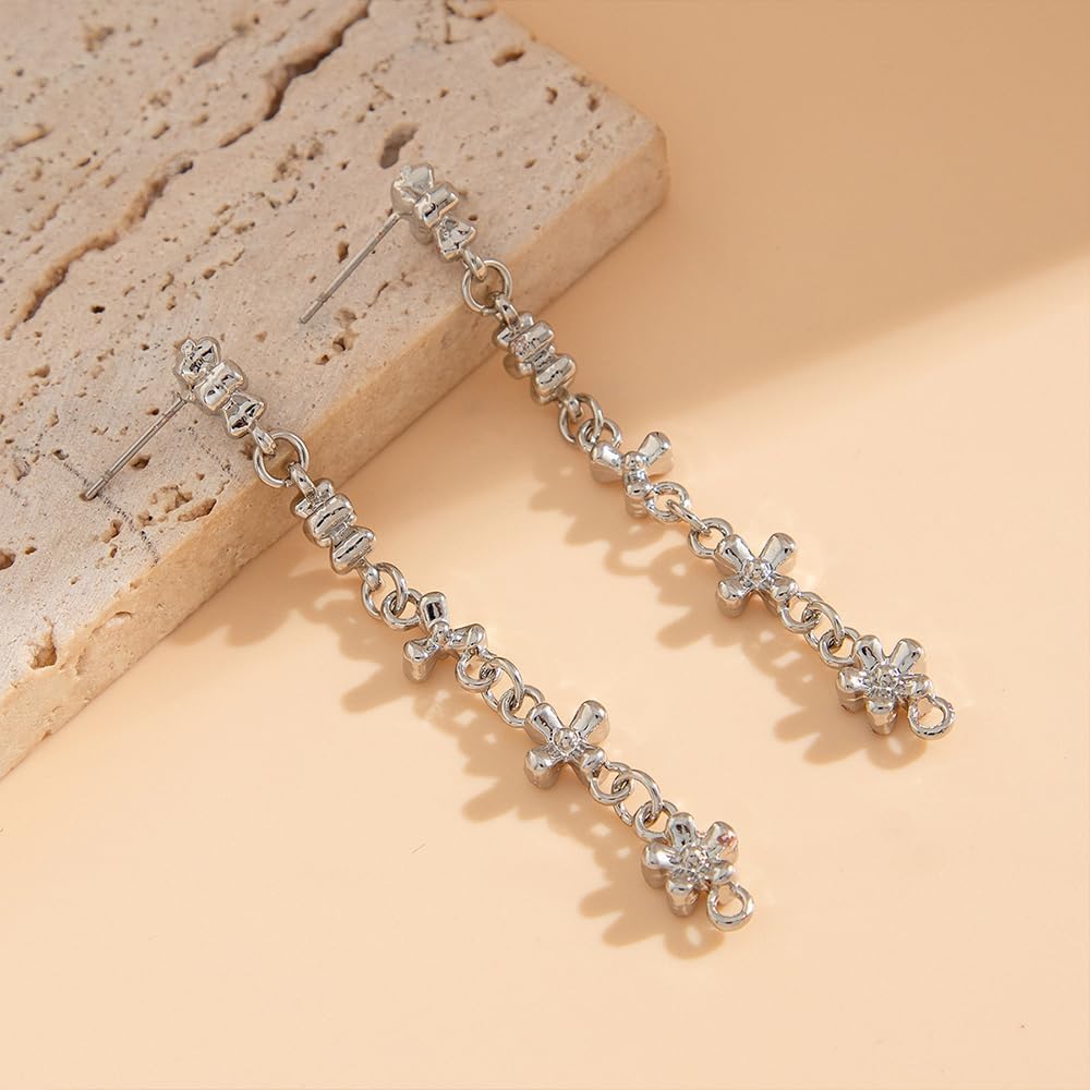 Vintage Gold Cross Dangle Earrings for Women Long Silver Crucifix Flower Drop Earrings Fashion Floral Dangling Earrings Prom Jewelry Accessories - Image 6