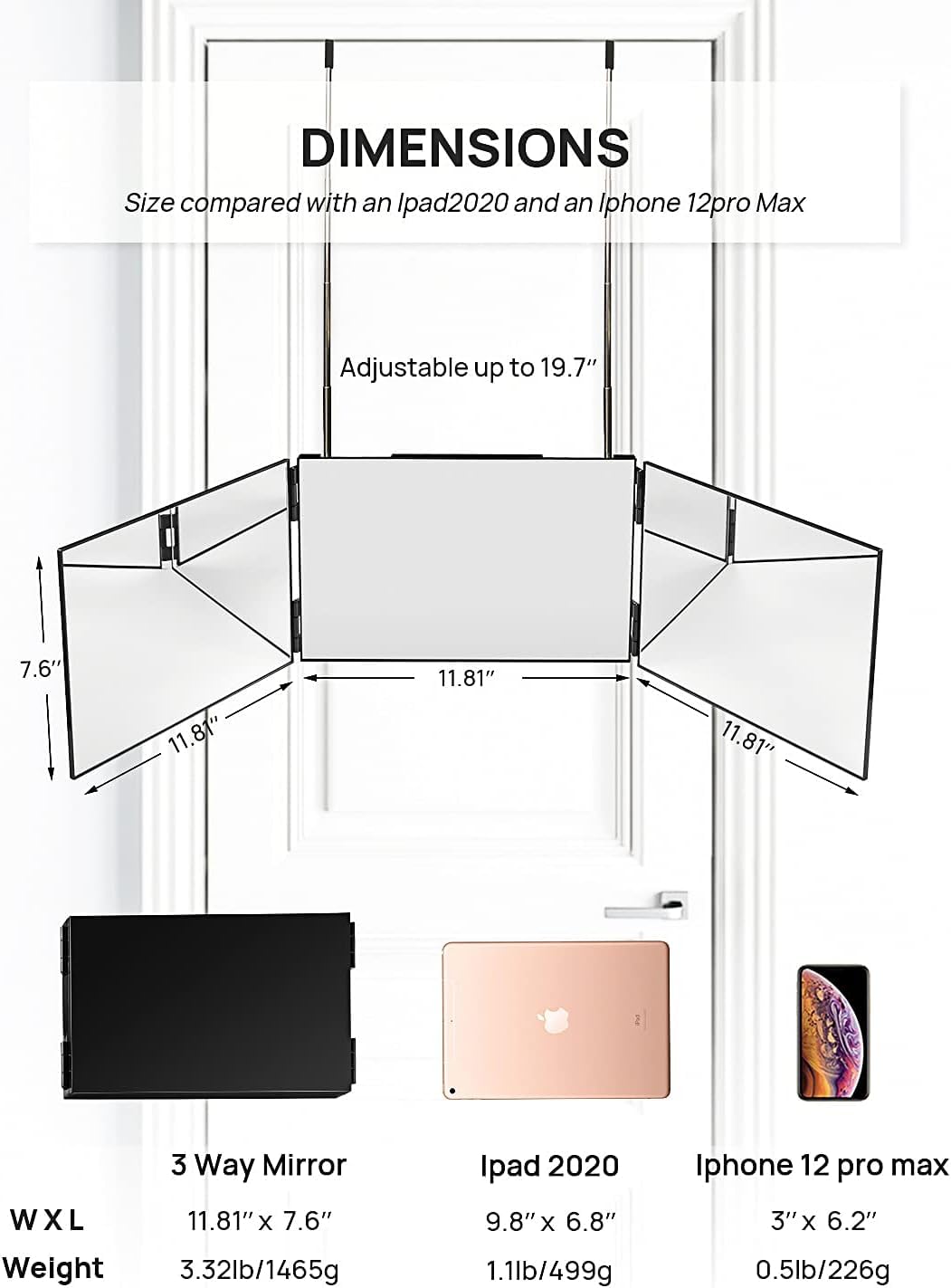CROPDAK 3 The 360 Mirror - Adjustable Door Mount Telescoping Hooks - Self Haircut Mirror for Men - 3 Way Mirror for Hair Cutting 2
