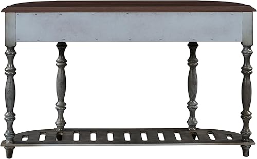 Miniatura 9 de LUMISOL Mesa de sofá estrecha con diseño curvo circular retro, mesa de consola con 4 cajones de almacenamiento y estante abierto, gris retro