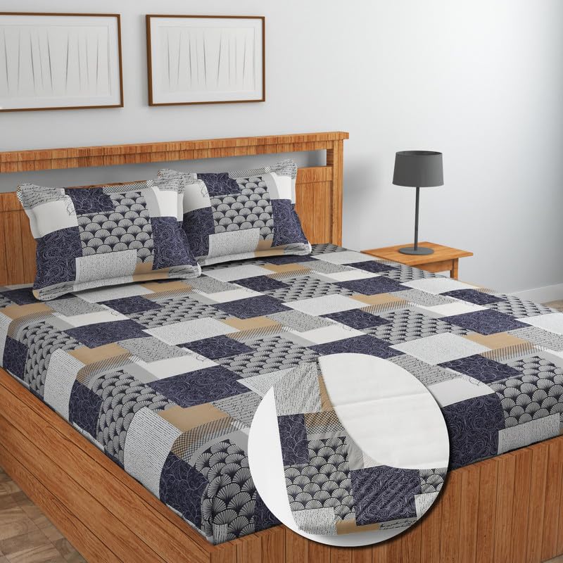 Image of NEW LEAF Glace Cotton Fitted King Size Double Bedsheets with 2 Pillow Covers | Elastic Fitted | Wrinklefree | Ultrasoft |Winter Bedsheet 220 tc tc Floral | 78 x 72+10 Inches, Black Grey