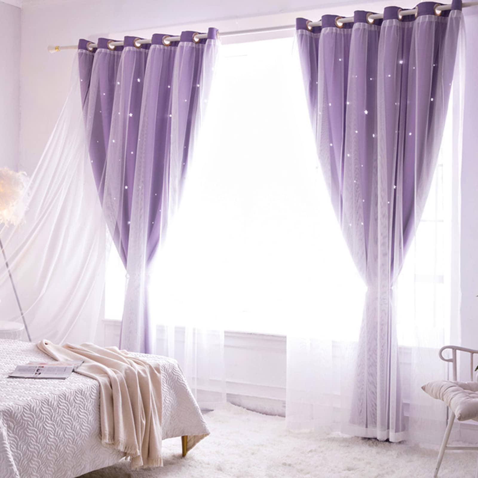 Cortinas opacas de estrellas con redes transparentes, paneles de habitación infantil, cortinas de doble capa resistentes al viento, 2 paneles de 52 pulgadas de ancho x 108 pulgadas de largo, ideales