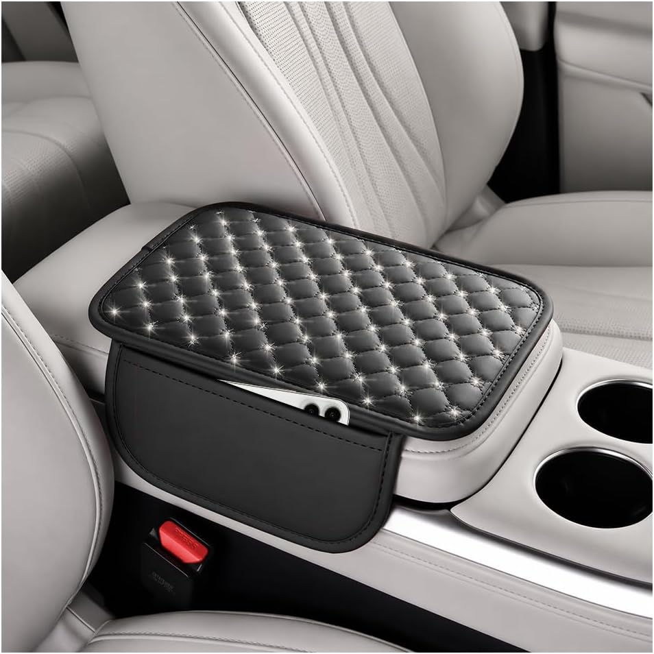 Car Center Console Cover, 2 Storage Bags Non-Slip Design, Black