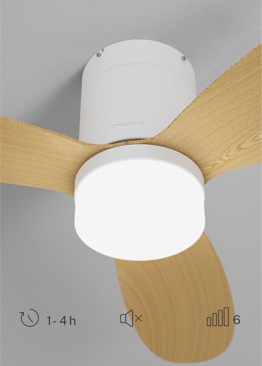 CREATE / WIND LITE/Ventilateur de plafond avec lumière en bois clair avec télécommande / 40W, Silencieux, Ø132 cm, 6 vitesses, programmable, fonction été-hiver, lumière LED 3 températures