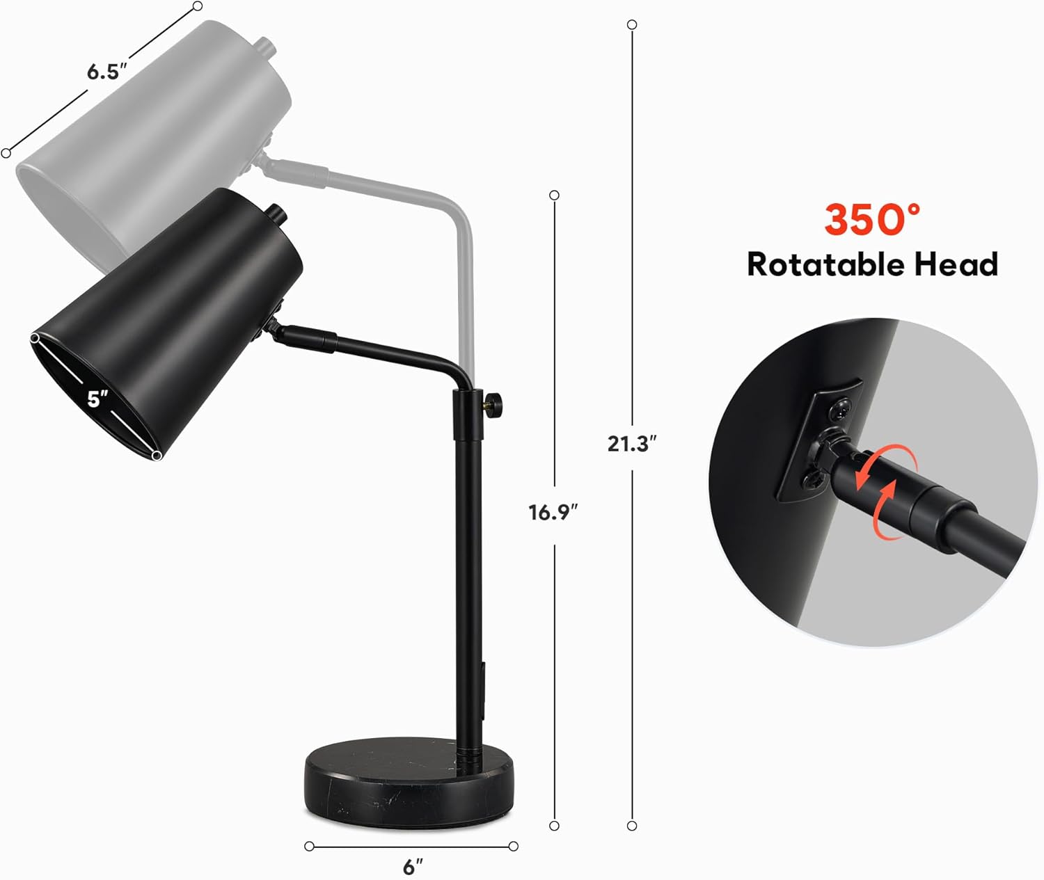 VONLUCE 20" Desk Lamp with LED Bulb, Metal Table Lamp Marble Base, Mid Century Modern Reading Lamp Office, Industrial Task Lamp Work Lamp for Reading Bedroom, Black