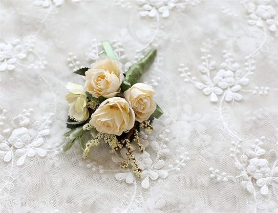 MOJUN Rose Boutonniere Buttonholes Corsage Artificial Groom Rose Wedding Flowers Brooch Prom Party Suit Decoration, Pack of 1, Beige