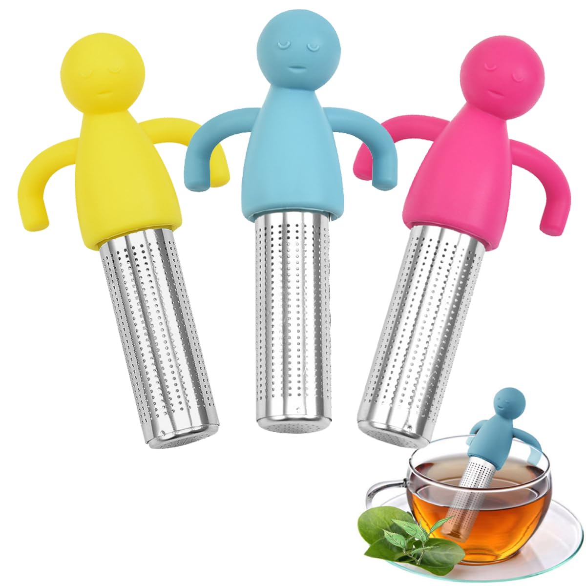 3 Pack Tea Infuser for Loose Tea,Tea Strainer Ball Stainless Steel Tea Filter with Cute Silicone Lid for Tea Cup and Mug,Nice Gift for Couples (BL+PK+YL)