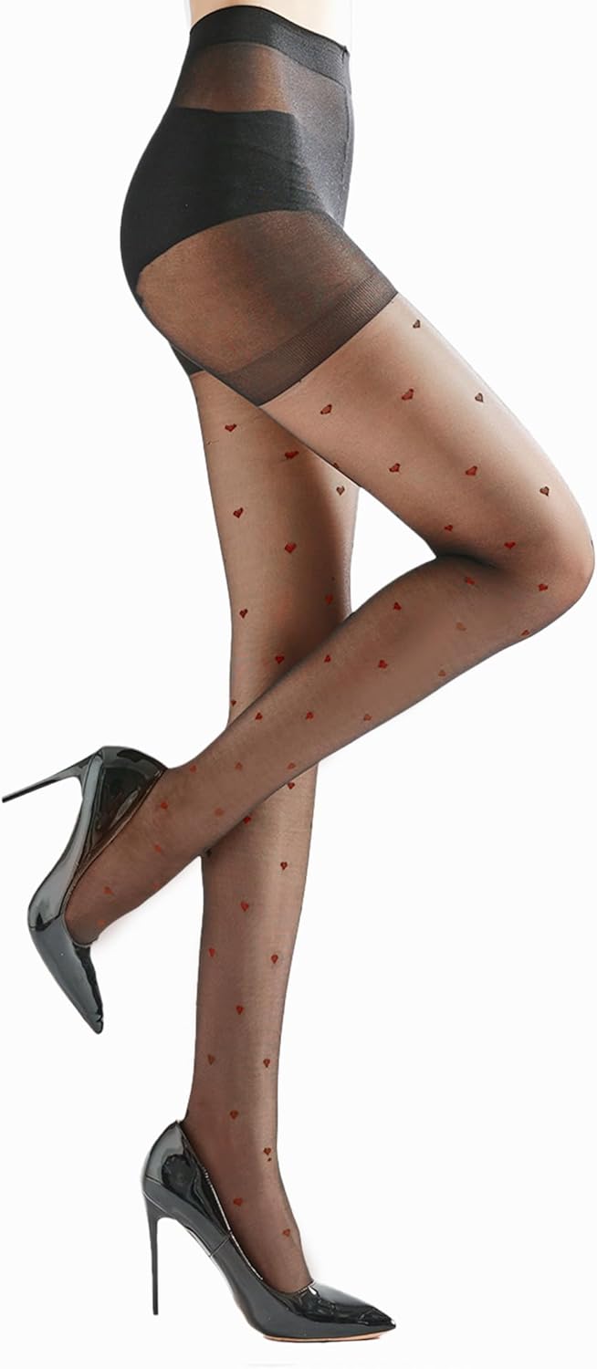 Red Heart Patterned Black Tights for Women, 20 Denier Nylon Sheer Tights, Red Heart, S-XL