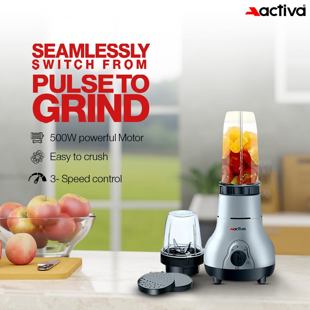 ACTIVA Easy Mix Nutri 2 Jar Mixer Grinder Powerful 500 Watt Motor | Long Lasting Shock Proof Abs Body | Heavy Duty Motor With Nano - Grinding Technology, Black come with 2 year warranty 3