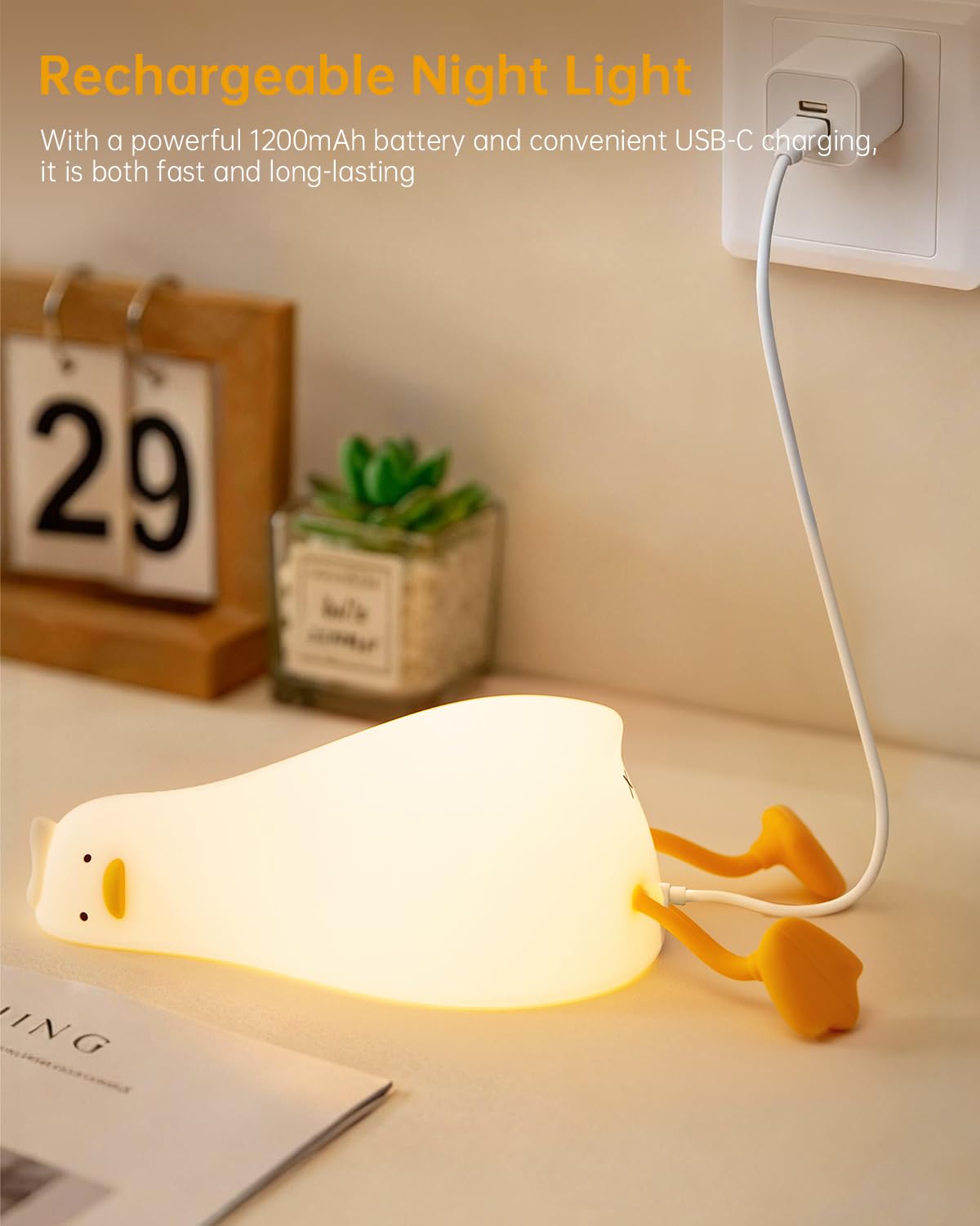 Bonita luz nocturna de pato de silicona, 3 niveles regulables, control táctil, recargable, junto a la lámpara de guardería, decoración de escritorio, luz nocturna para lactancia, bebé, niños, regalos