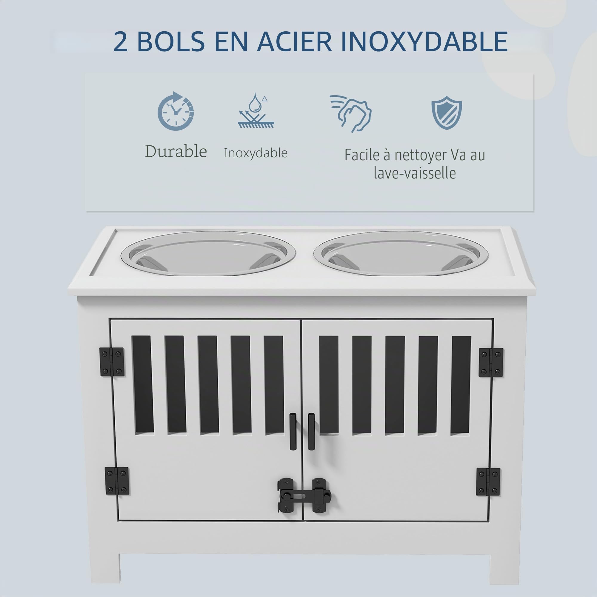 PawHut Grandes gamelles surélevées avec Armoire de Rangement 37L Blanc | Support gamelle surélevée, gamelle nourriture, station alimentation chien