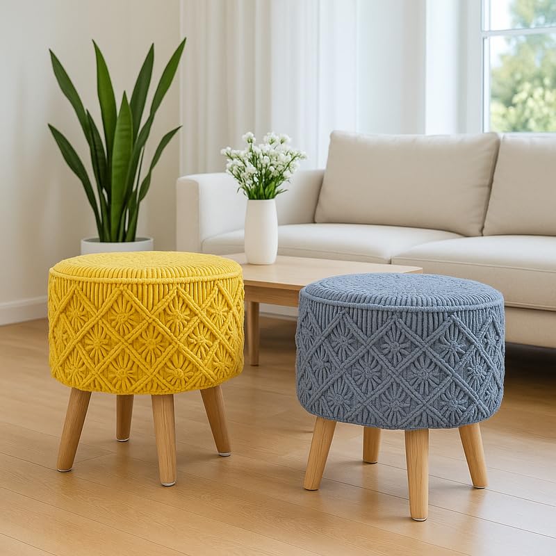 Image of Ottoman Foot Rest Puffy, Cotton Dori Ottoman for Home Decor, Solid Wood Legs Dressing Stool, Footstool Puffy for Living Room & Office Room | 16x17 Inch, Set of 2, Macrame Yellow-Dark Grey