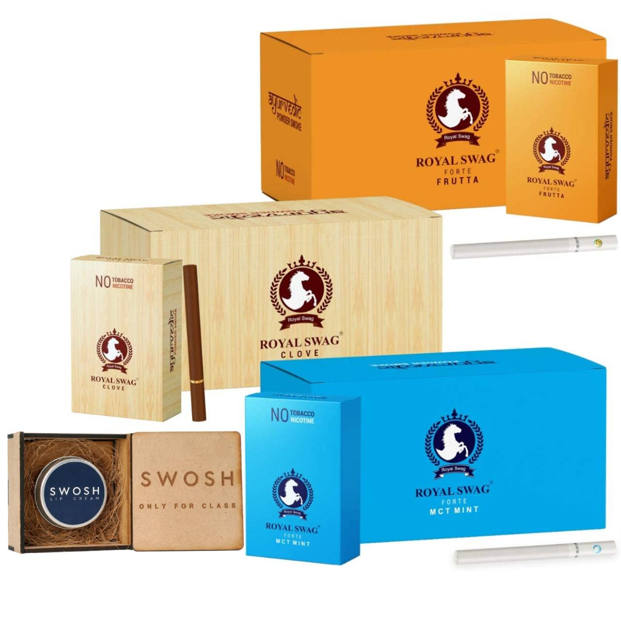ROYAL SWAG Ayurvedic & Herbal Cigarette Combo Pack of Clove, Mint and Frutta Flavour Smoke- 50 Stick Each, SWOSH Lip Cream for Smoker's, Brightening Dark Lips -15 gm Nicotine & Tobacco Free- Set Of 4
