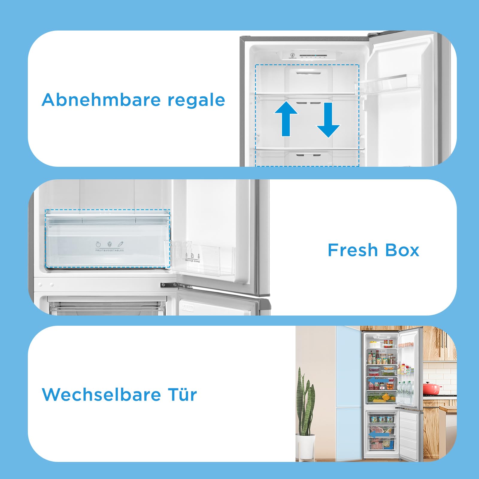 Midea Kühlschrank mit Gefrierfach MERB276FGE02A 270L Kühl-Gefrierkombination No Frost All-Around Cooling Edelstahl 180 cm