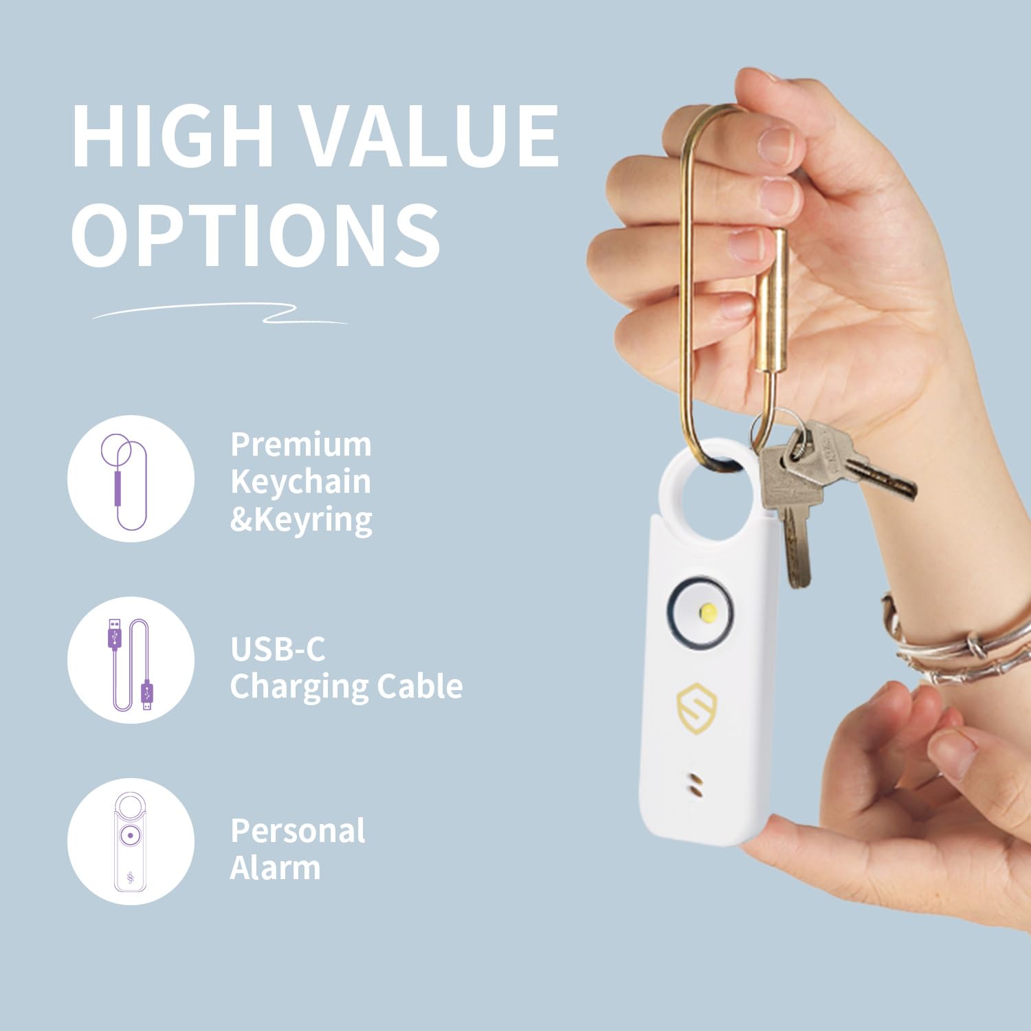 Alarme personnelle pour femme – Conçue par des femmes – Alarme double haut-parleur extra fort avec lumière stroboscopique, rechargeable – Alarme de sécurité et porte-clés de qualité