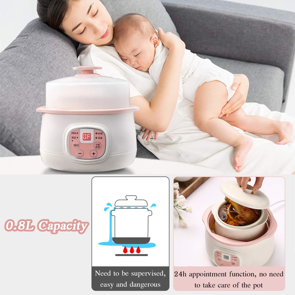 Olla cocción Lenta eléctrica 0,8 l con Revestimiento cerámica, pequeña Olla cocción Lenta Profesional con Temporizador retardo 24 Horas y Recipiente cerámica extraíble, para 1 o 2 Personas