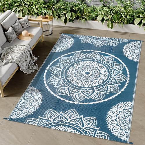 Famibay Outdoor Rug Waterproof Plastic Straw Garden Rugs Reversible Rug 120 x 180 cm Outdoor Patio Carpet UV Resistant Portable Mandala Area Rug for RV Balcony Picnic Blue