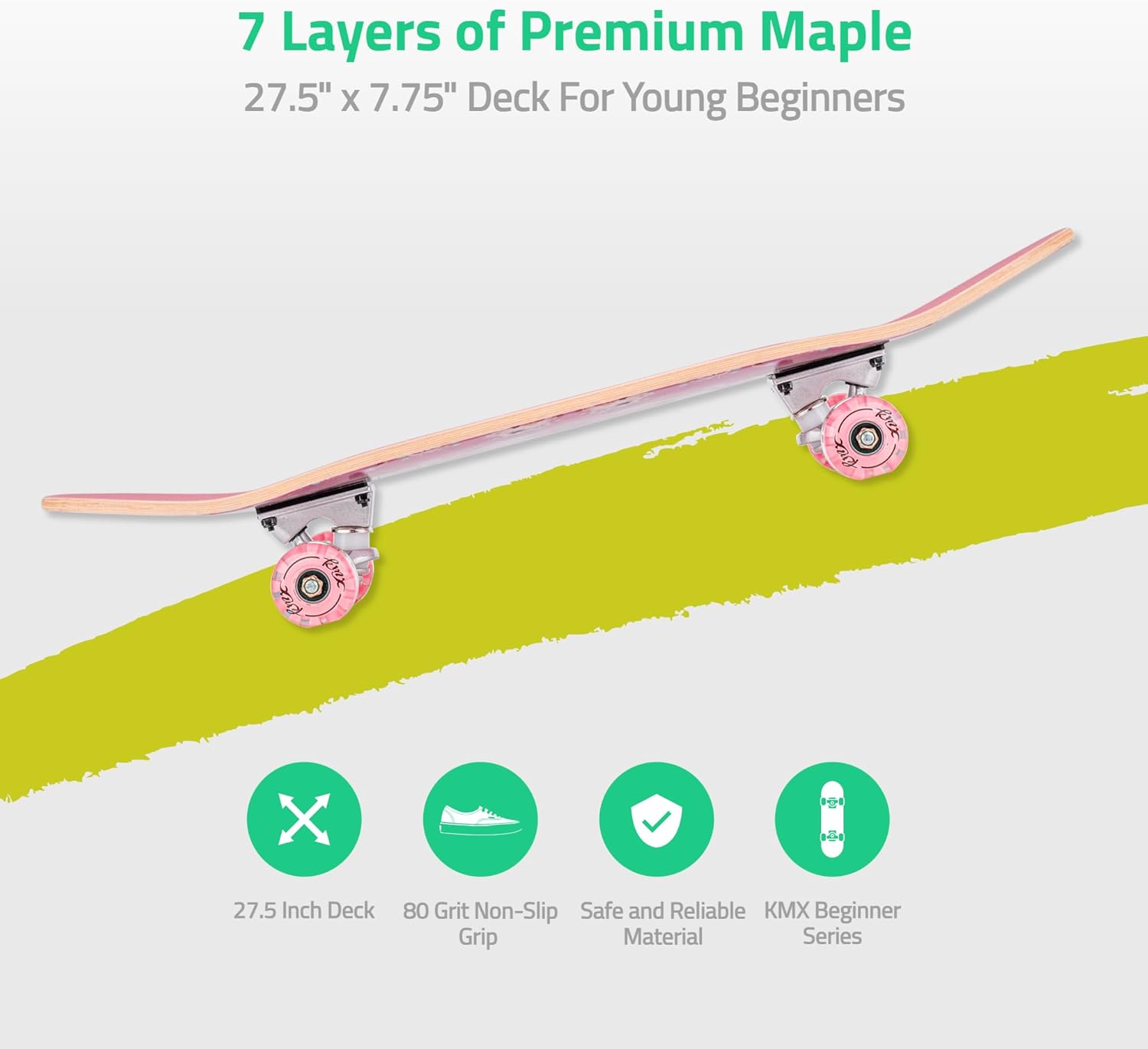 KMX Complete Skateboard for Beginners, 7-Layer Canadian Maple Double Kick Concave Deck| Aluminum Alloy Trucks | Beginner Skateboard for Boys, Girls, Kids, Teens, Adults