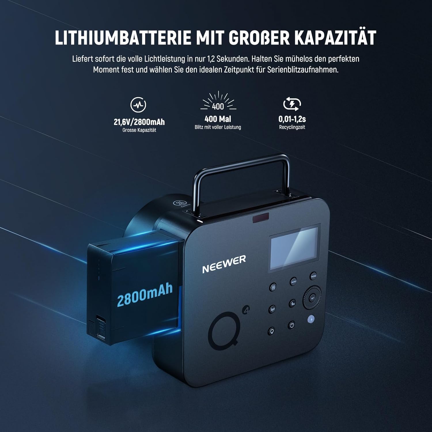 NEEWER Q4 400W Blitzblitz 2,4 G TTL und QPRO C Auslöser kompatibel mit Canon, 1/8000HSS/30W Einstelllampe/400 volle Leistung/0,01–1,2s Recycling/21,6V 2800mAh Akku für Hochzeitsfotografie im Freien