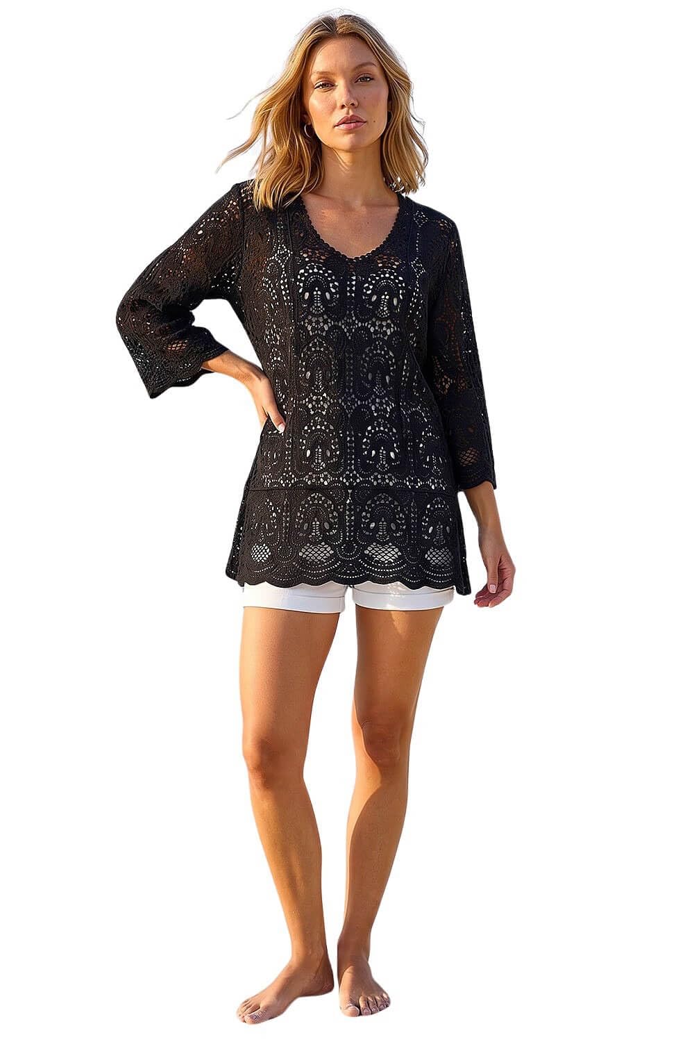 Roman Originals Women's Black Roman Cotton Crochet Tunic For Uk Cotton Lace Top Blouse Crinkle Embroidered Eyelet Broderie Anglaise Spring Summer Beach Holiday Cool Loose Jumper - Size 20