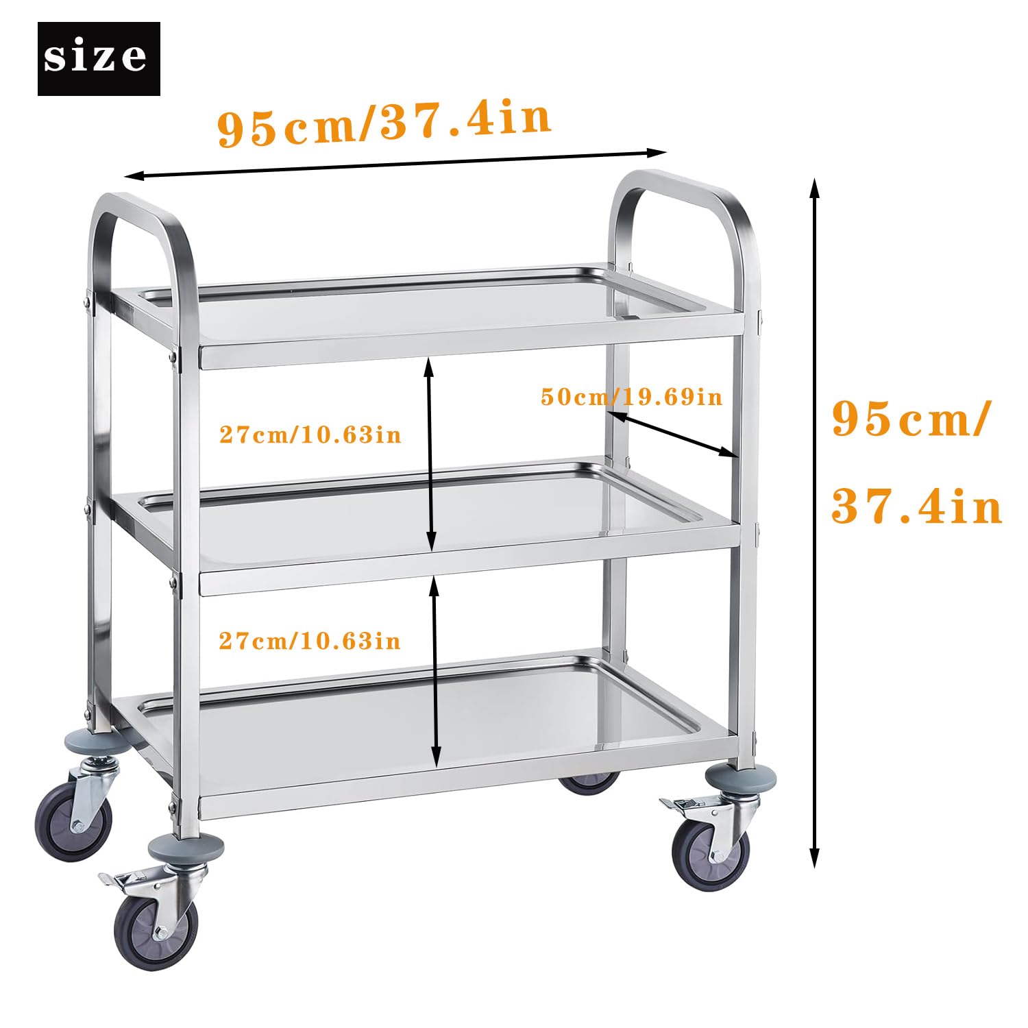 DRM Carrello da cucina a 3 ripiani, in acciaio inox, con ruote, per catering, cucina, auto