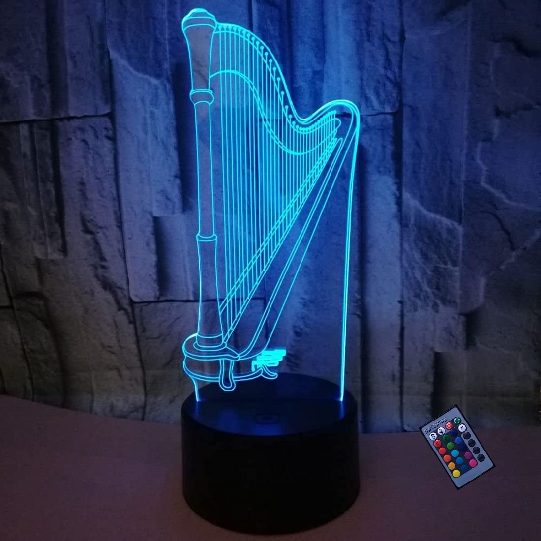 Optical Illusion 3D Harp Night Light 16 Colors Changing USB Power Remote Control Touch Switch Decor Lamp LED Table Desk Lamp Brithday Children Kids Christmas Xmas Gift