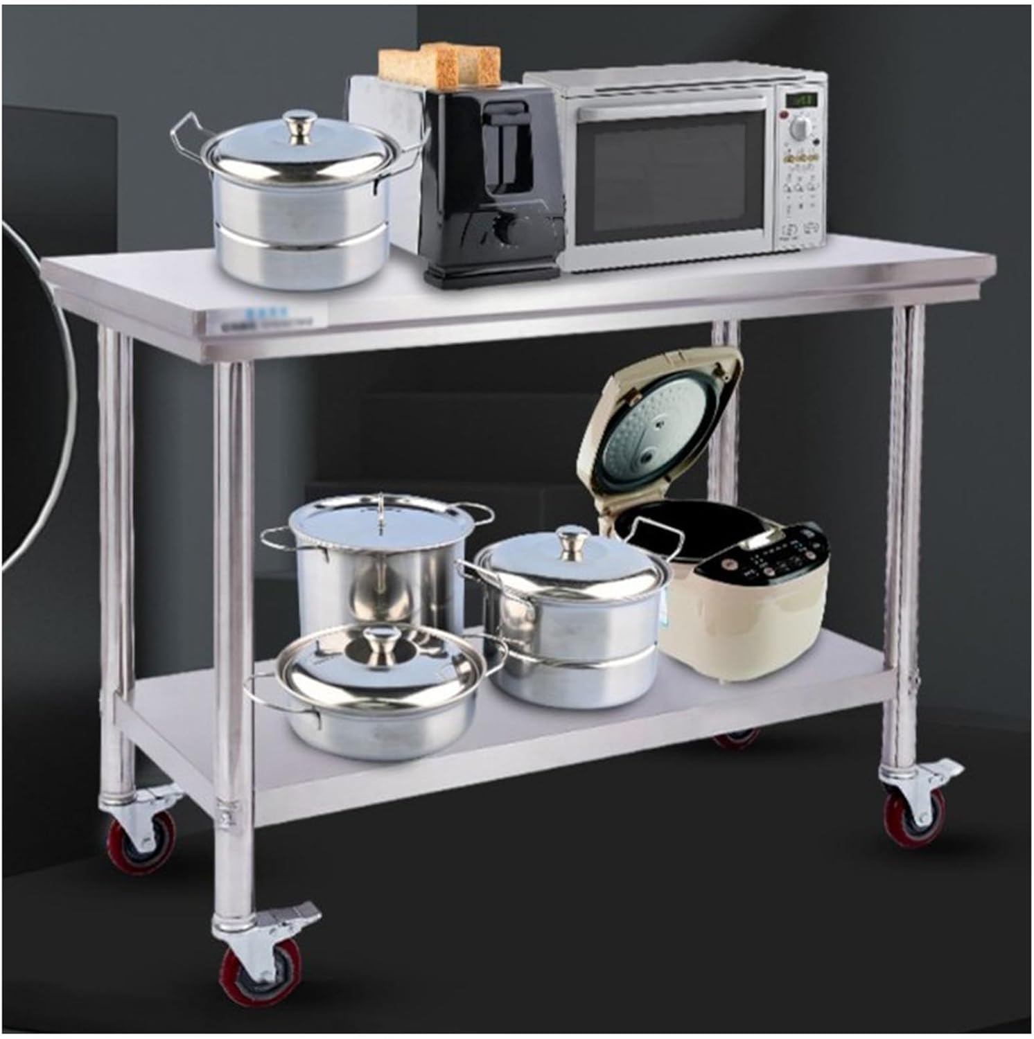 Stainless Steel Workbench Double Layer Commercial Kitchen Preparation Table Multifunctional Metal Table with Wheels Easy to Move Practical Open Kitchen Cookware Storage Rack(100x80x50cm)
