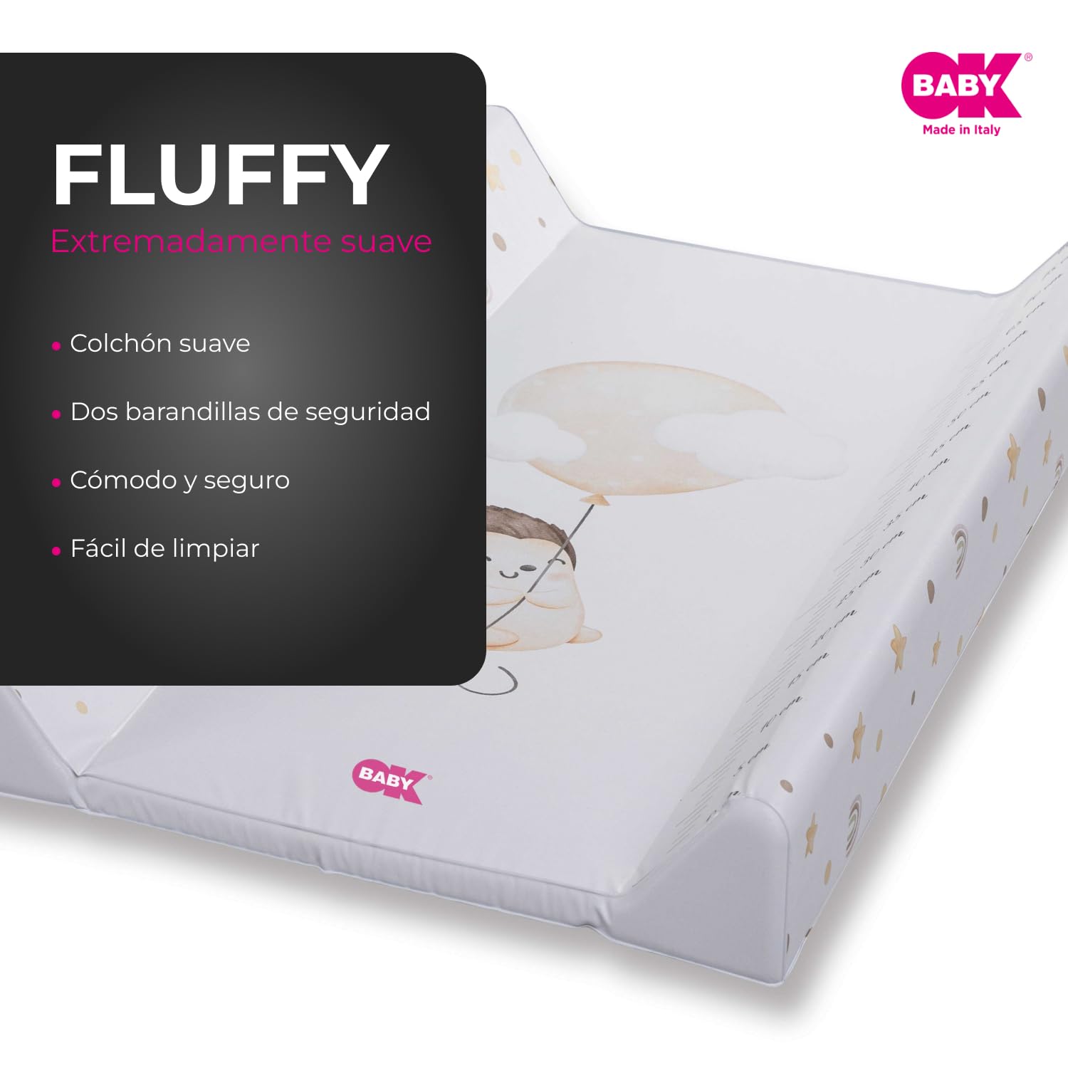 OKBABY Fluffy – Colchón cambiador suave y seguro con bordes laterales, fácil de limpiar, compatible con cambiador Woody, 80 x 50 cm, color blanco