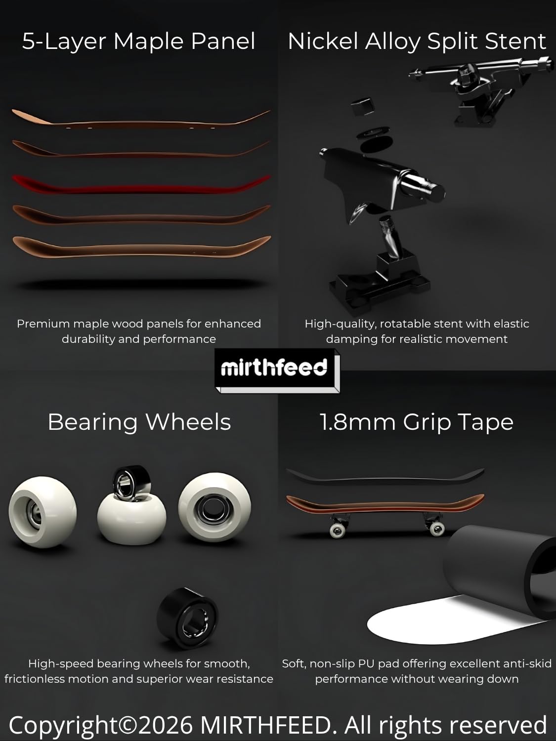 MIRTHFEED 29mm Fingerboard | Bearing Wheels | 5 Ply Maple Deck | Foam Grip Tape | Complimentary Tool and eBook | 3