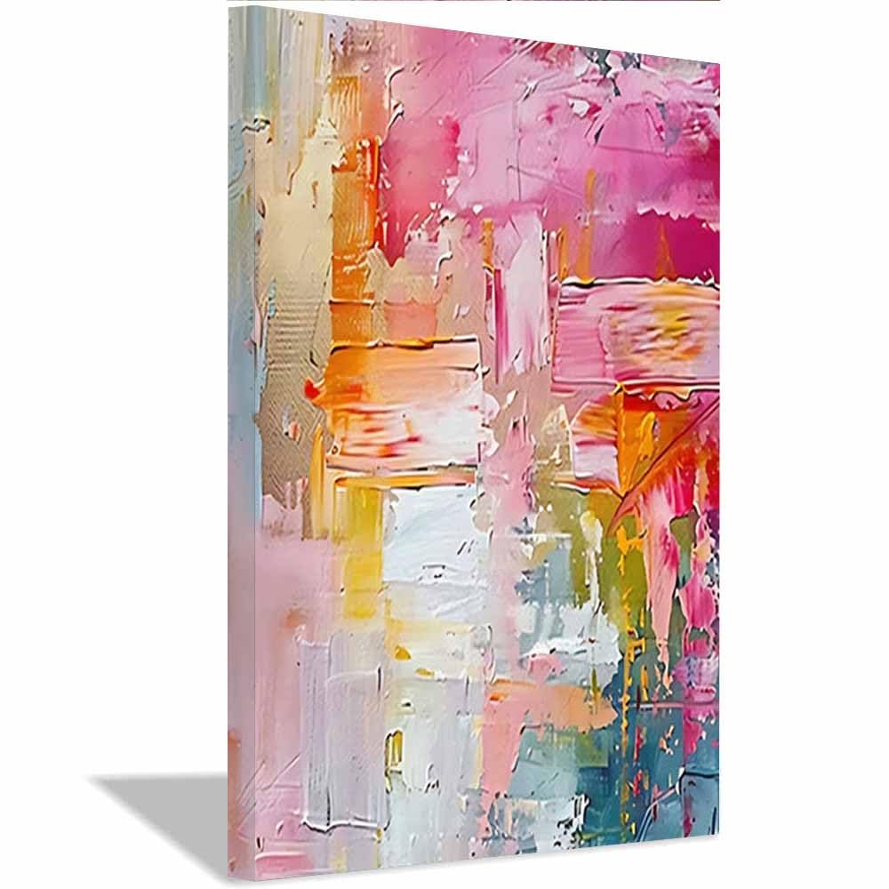QUSAAOU Abstrakt Pink Gelb Pastell Impasto Textur Kunst Schlafzimmer Bilder Badezimmer Wand Deko Wohnzimmer Moderne Wanddeko Bilderwand Geschenk Abstrakt Kunst Modern(Pink)-30x45cm Gerahmt