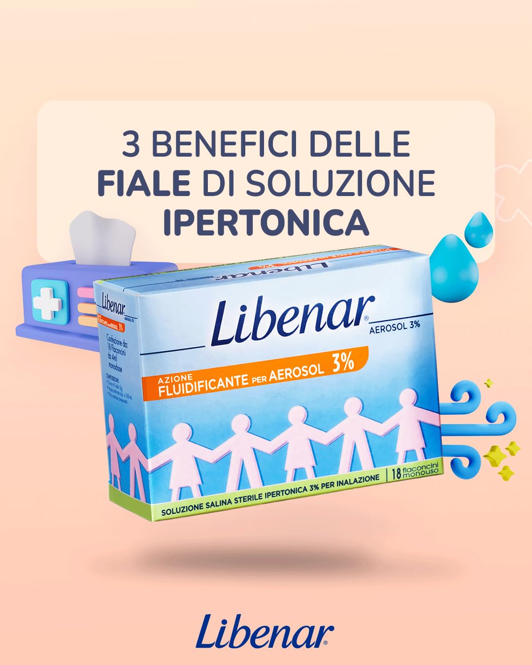 Libenar Fiale Aerosol Ipertoniche 3% per l’Inalazione in Aerosolterapia di Neonati, Bambini e Adulti, 18 Fiale da 4 ml