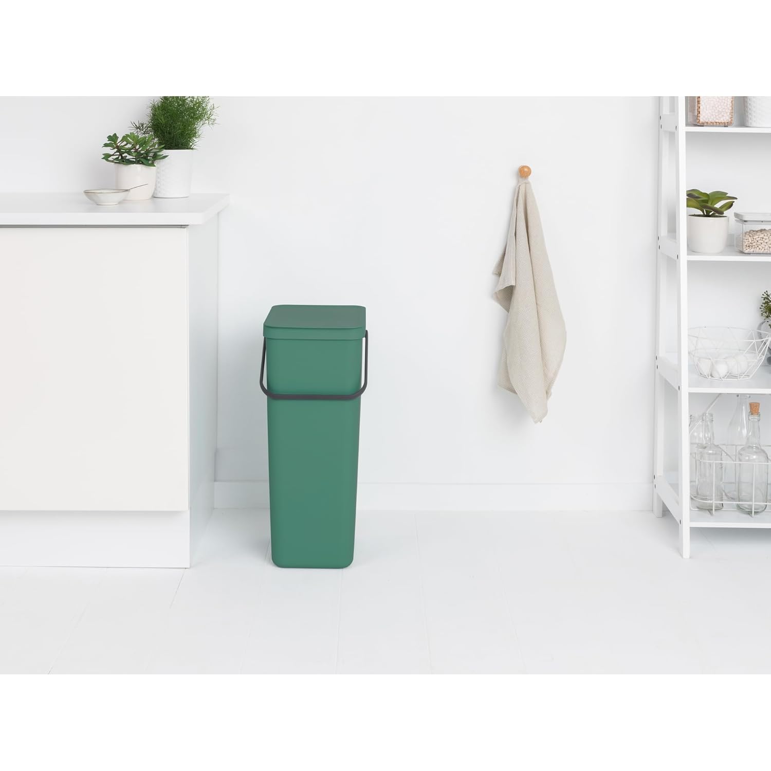 Brabantia Sort & Go Kitchen Recycling Bin | L / 10.6 Gal / 40L | Fir Green | Removable Stay-Open Lid, Carry Handle | Trash Can for Bottles, Cans, Paper, Glass | Wall Bracket Sold Separately