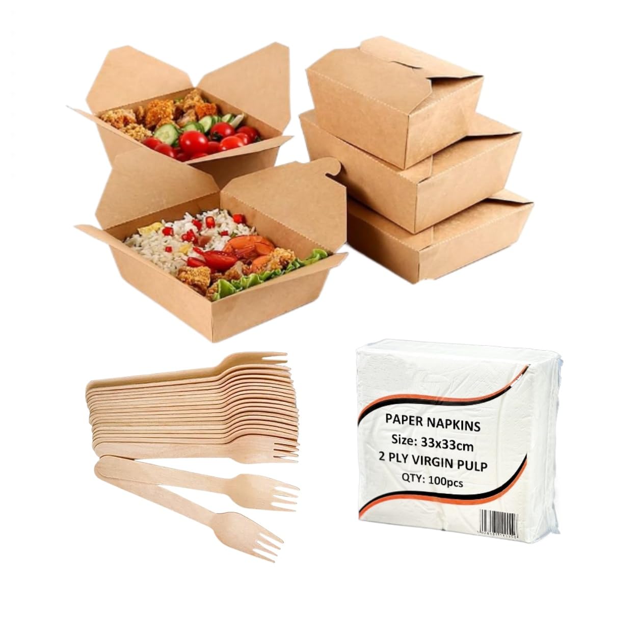 HOT BARGAINS 100 X Kraft Snacks Boxes No.1 + 100 X Forks + 100 X Paper Napkins Takeaway Eco Friendly