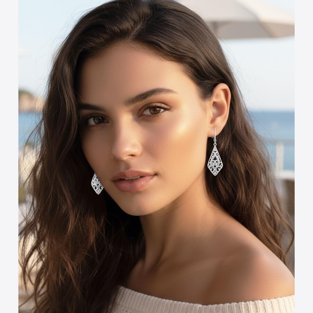 14K Gold/Silver Plated Vintage Filigree Dangle Earrings - Lightweight Geometric Drop Earrings with Secure Leverback, Hypoallergenic Boho Jewelry for Party Wedding Everyday Wear Gifts for Women - Image 2