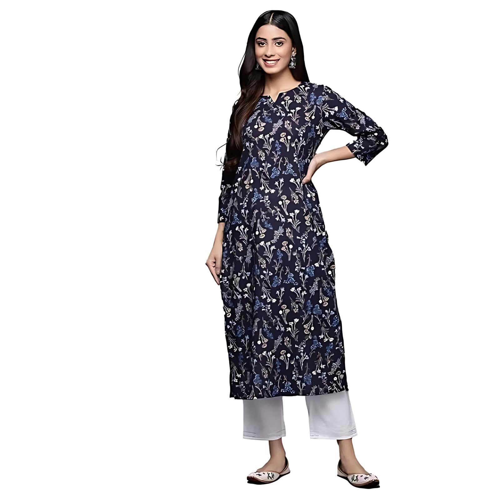 Varanga Womens Floral Printed Cotton Kurta With Navy Blue Color Best Fits For Office Wear, (Small)