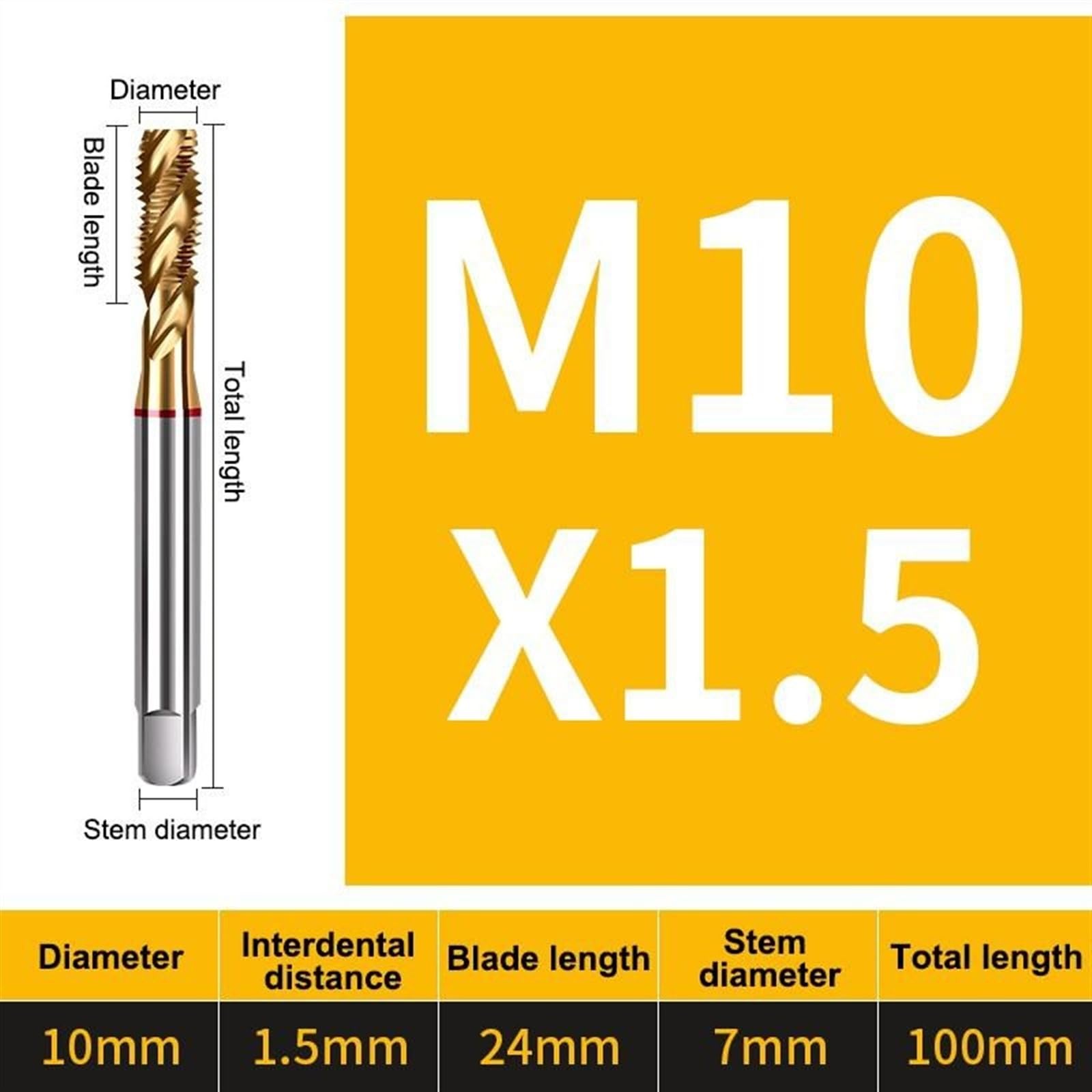 Machos de roscar espirales/Punta M3-M12, extendidos, chapados en Acero Inoxidable, Herramientas Especiales para máquinas (Color: A, tamaño: espiral-M10x1.5)