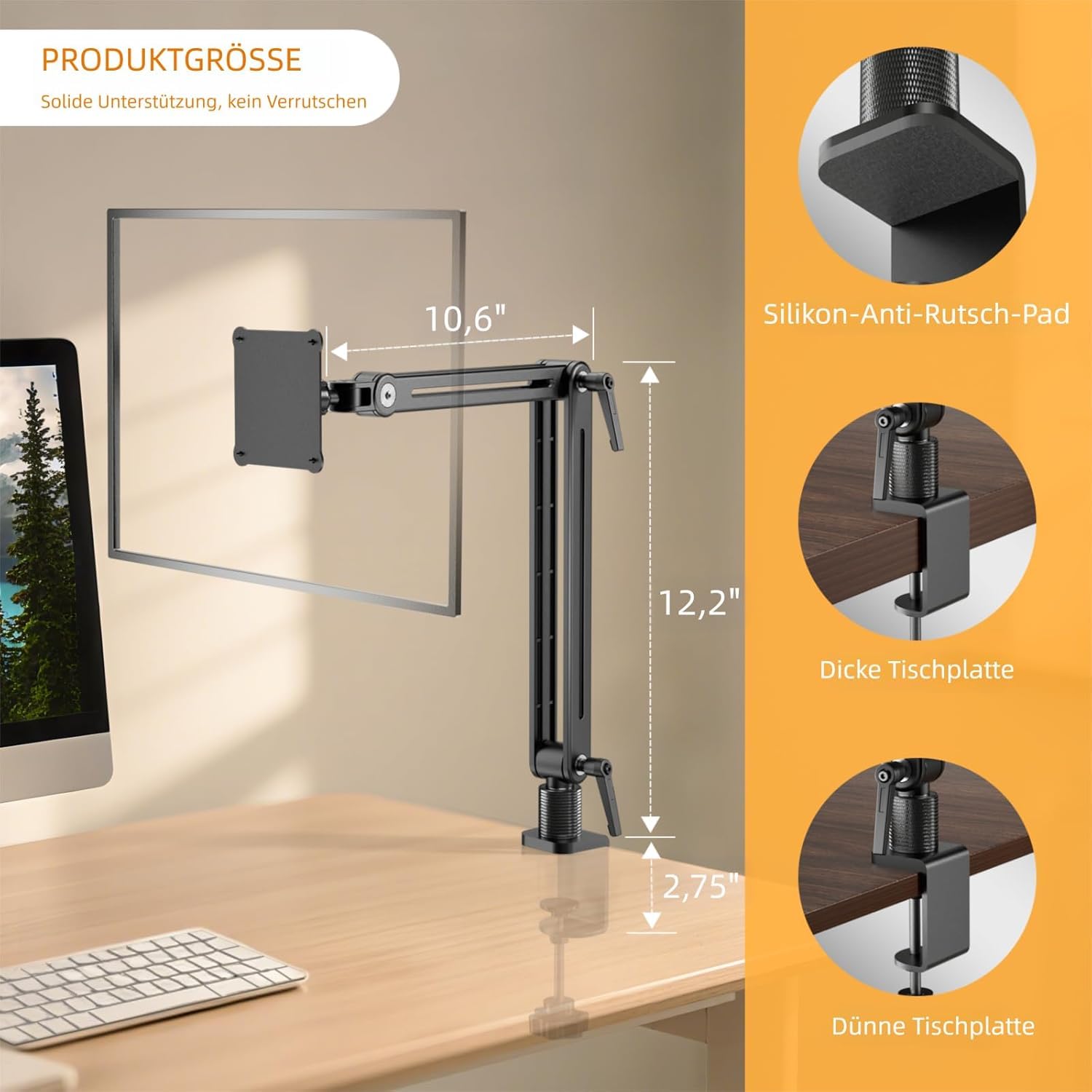 Tablet iPad Halterung Schreibtisch Magnetischer - Drehbare Basis 360 Grad Tablethalte VESA 75mm Schnellauslösung 4.7" 12.9" 15.6" 16" 17.3" und 18.5" Tragbarer Monitor Armhalter