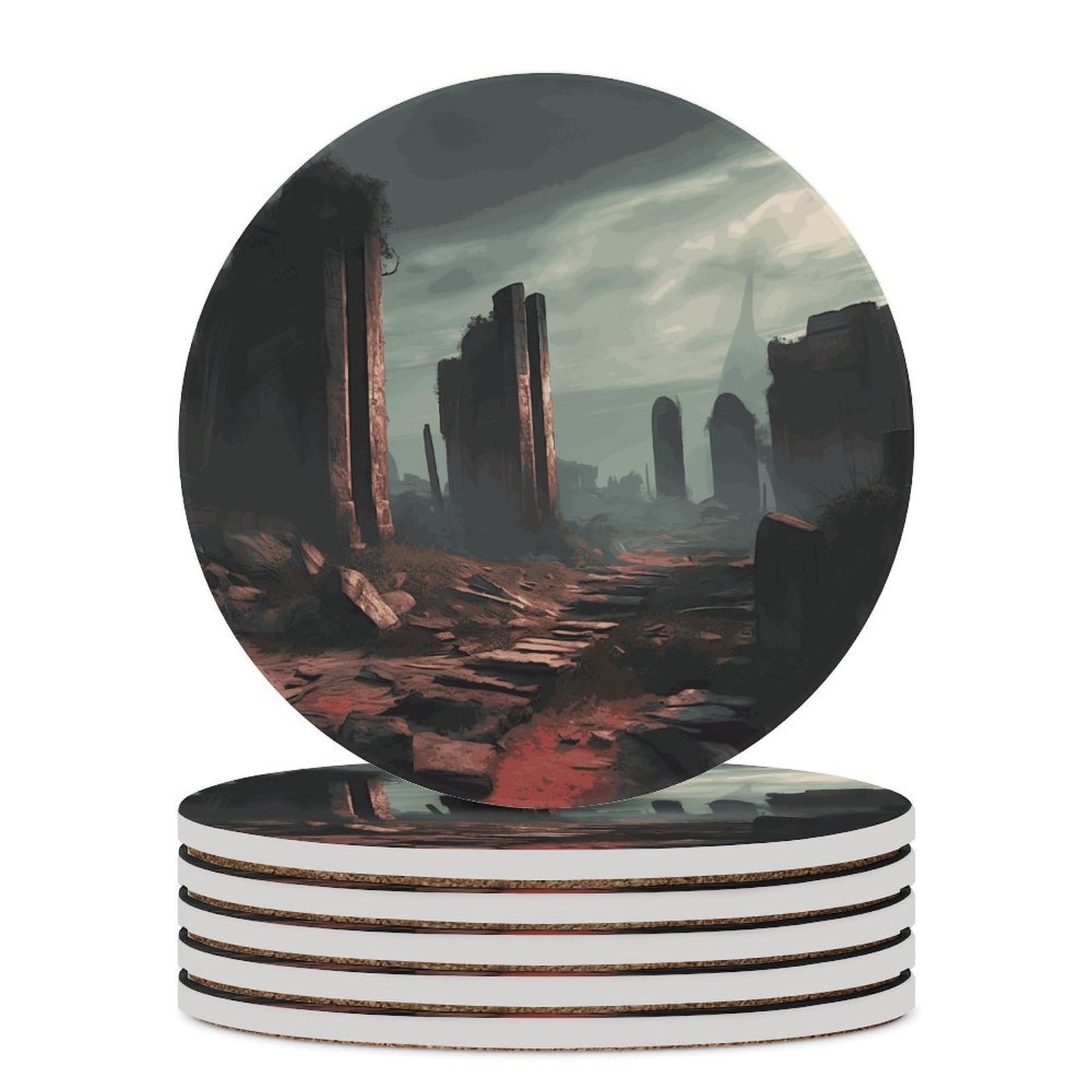 Ruins Drink Coasters with Holder for Coffee Table,Ceramic Coaster with Cork Base,Ceramic Stone Coaster for Iced Cold Or Hot Drinks,4.1 Inches