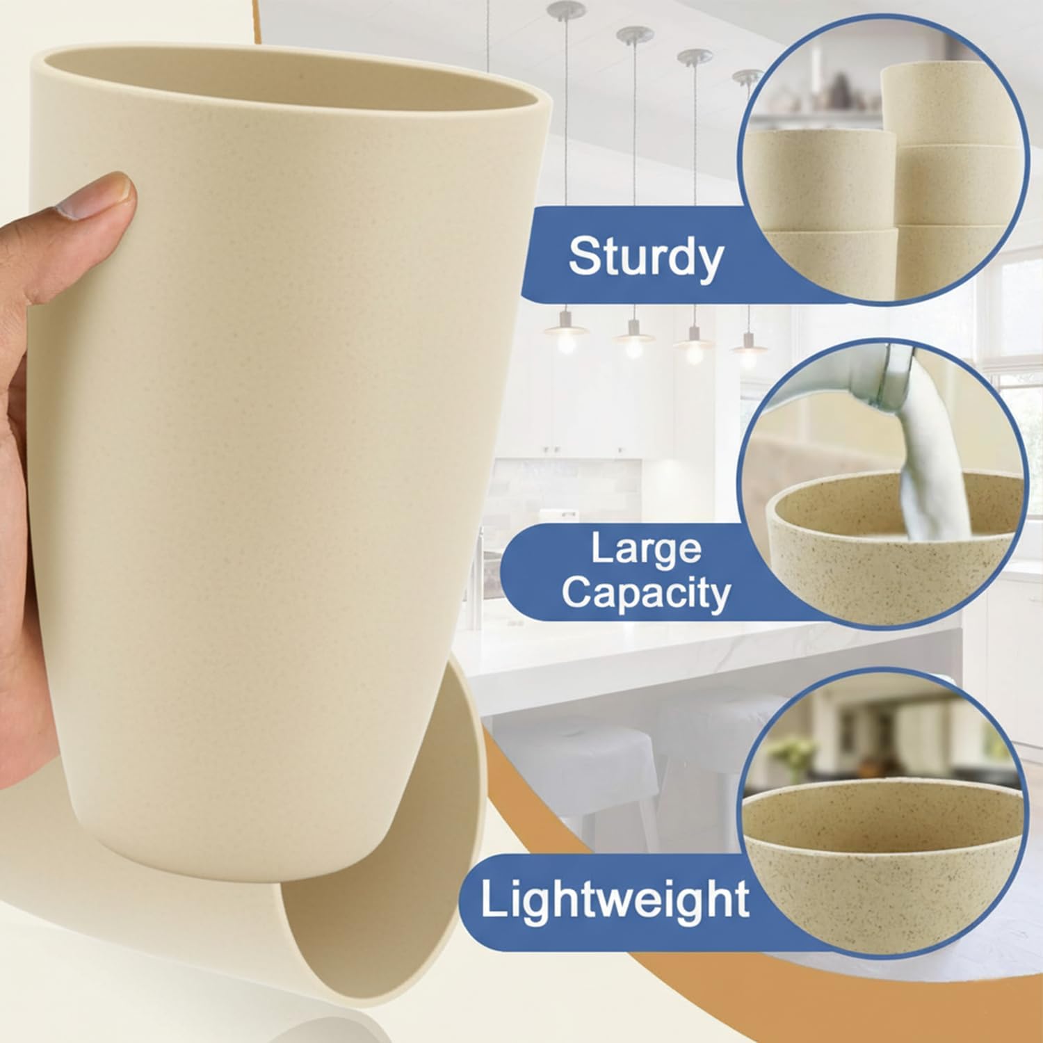 Wheat Straw Cups 20 OZ Large Capacity Set of 6, Unbreakable Drinking Cups Reusable, Alternative to Plastic CupSet, Dishwasher Safe Cups for Kitchen Water Tumblers (Beige) - Image 4