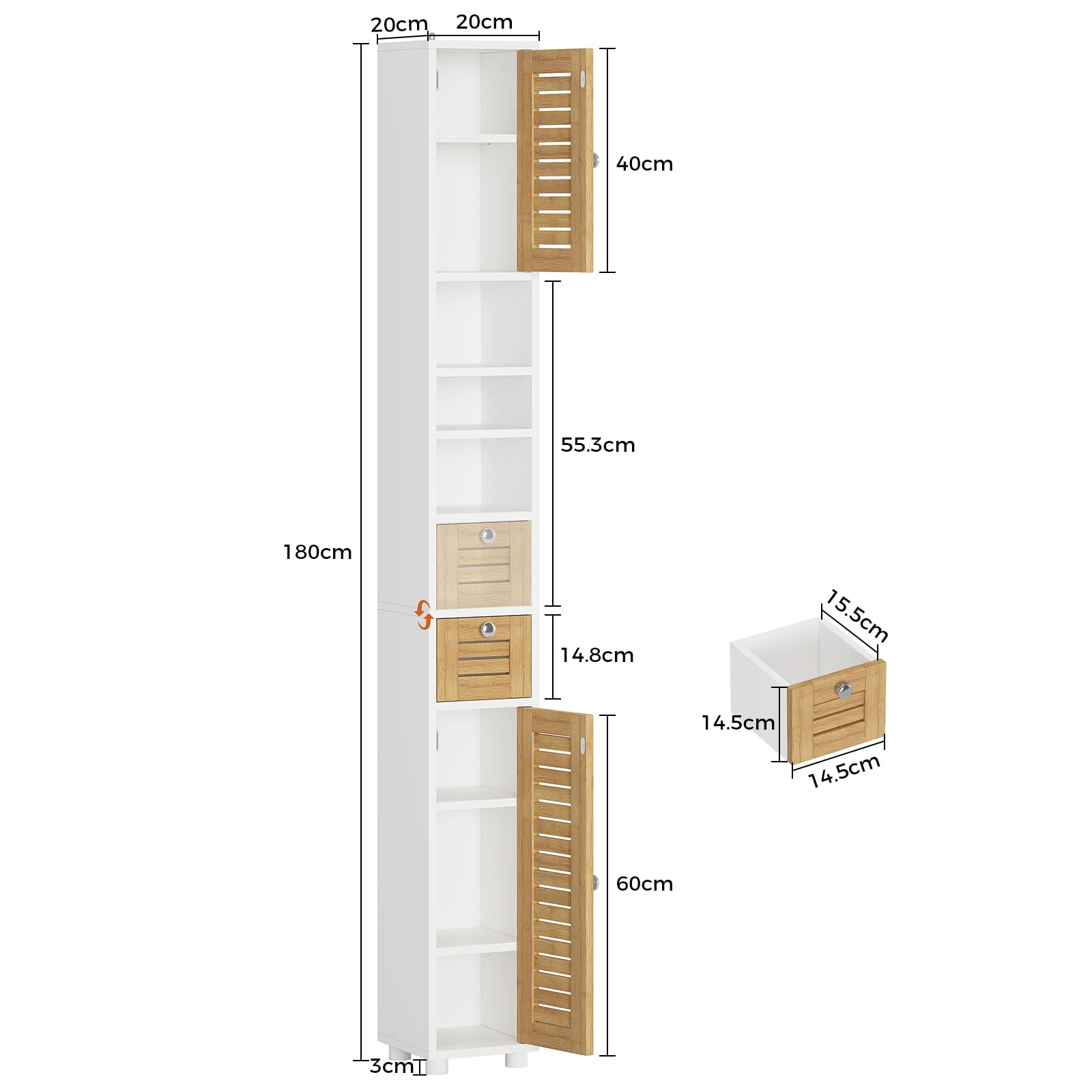 Badezimmerschrank, Badezimmer Hochschrank mit 4 offenen Ablagen, 2 Bambustüren, 1 Schublade, Badschrank Schmal mit Verstellbaren Ablagen, Badmöbel für Wohnzimmer, Küche und Bad, 20x20x180 cm