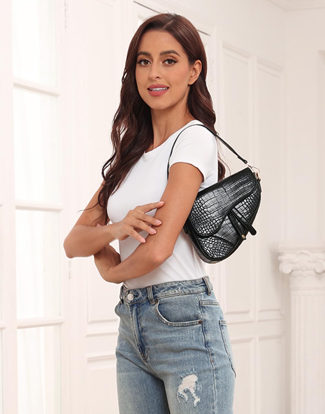 HDE Women's Saddle Shoulder Bag PU Leather Crossbody Purse Crocodile Handbag - Black Crocodile