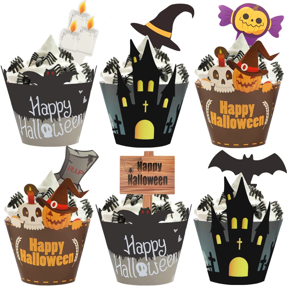 Kit Decorazione Cupcake Halloween: 24 Topper In Carta Con Fantasmi, Pipistrelli, Zucche E Ragni. Perfetti Per Feste E Buffet Da Brivido. - 2